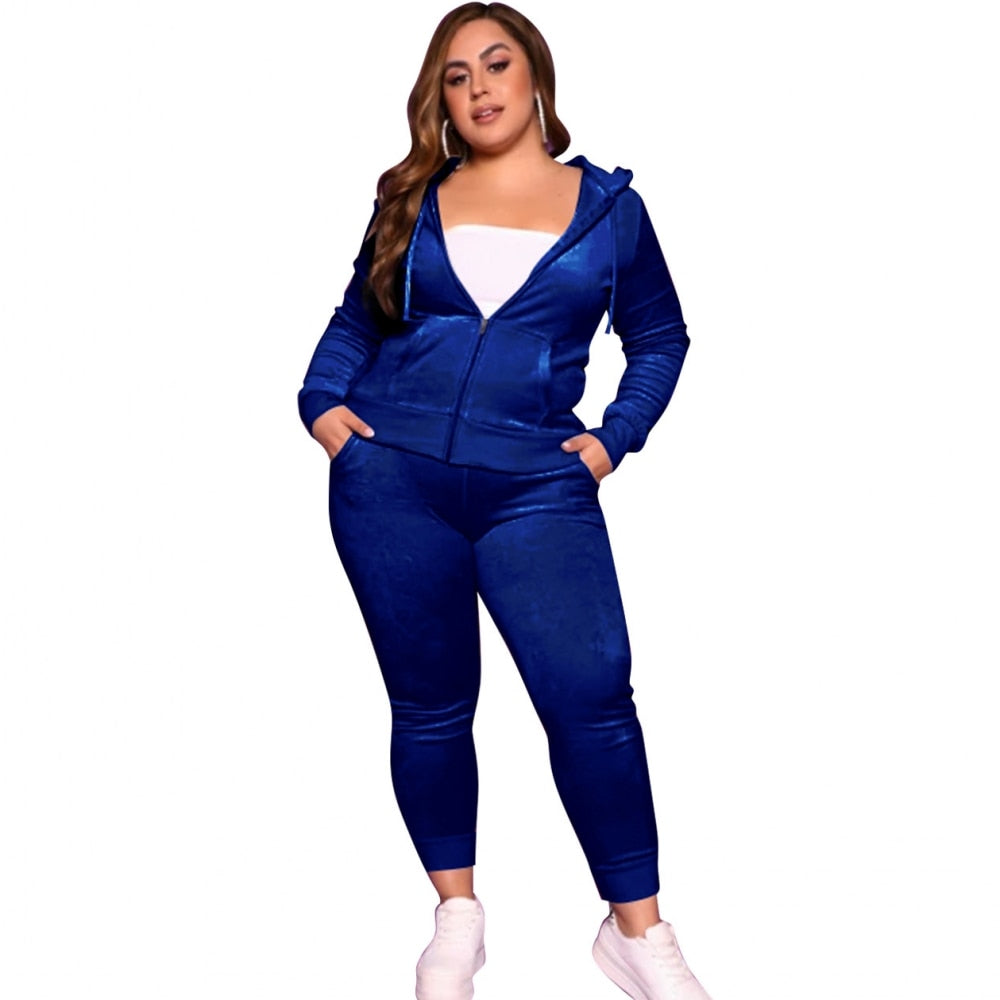 Plus Size XL-4XL Solid Color Velvet Women's Set Sweatshirt Top And Jogger Pants Suit Tracksuit Two Piece Set Fitness Outfit