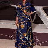 Aovica  2023 Summer Women Long Dress  3/4 Sleeve Vintage Print Pleated Maxi Sundress Bohemian Vestido Casual V Neck Party Robe