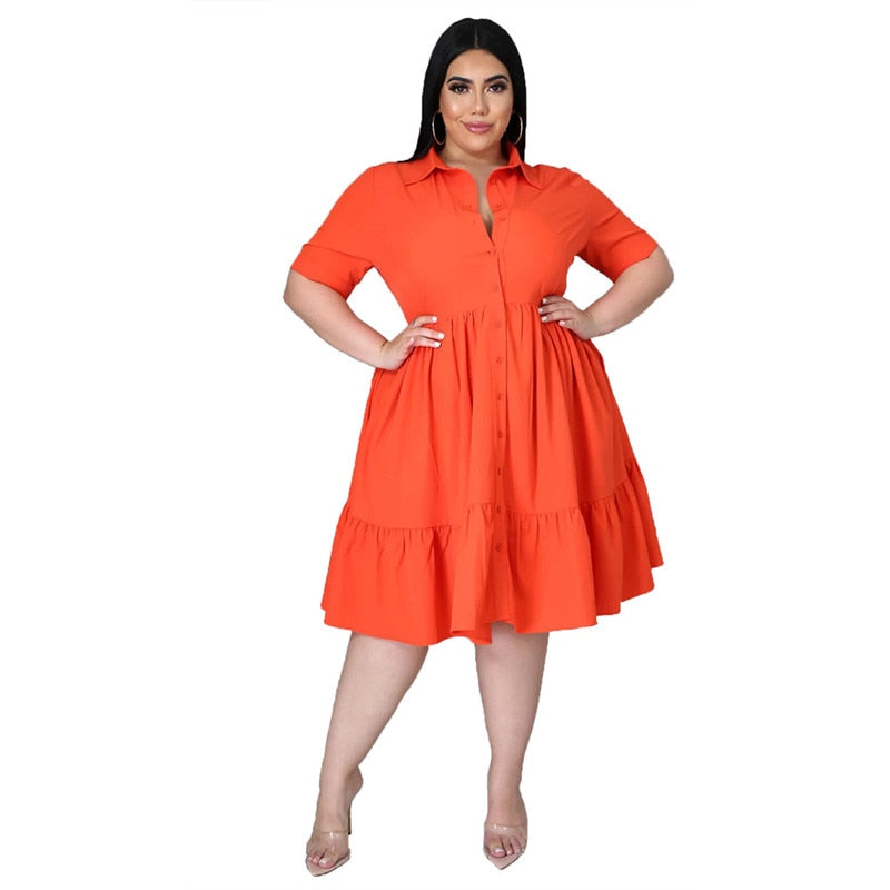 Aovica New Plus Size Dresses Women Summer Wholesale Solid Buttons Casual Turn Down Collar Knee Length Ruffle Shirt Dress Dropshipping