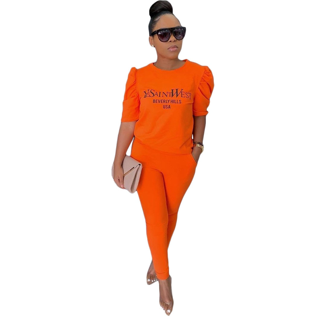 Fashionable Stretch Casual Suit Solid Color Ladies 2 Two Piece Sets Letter Sportswear T-Shirt + Nine Points Pants Women's Set