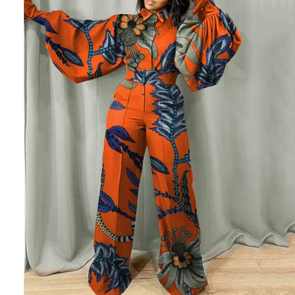 Aovica New Autumn Jumpsuits for Women's Orange Printed High Waisted Lantern Sleeve Fashion Elegant High Street Wear Long Rompers Cloth