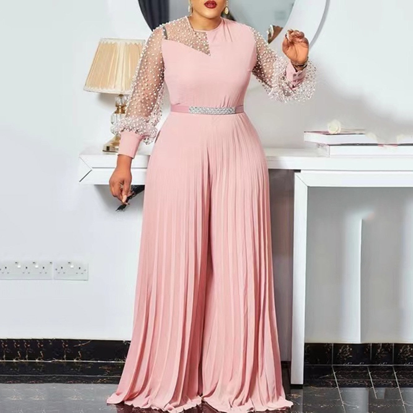 Aovica Oversized Jumpsuits and Rompers For Women Pink Pleated High Waisted Floor Length Elegant Evening Night Party Clothes Jumpsuits