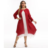 Plus Size Dresses Women Chiffon Casual Midi Dress 2023 Autumn Ladies Long Sleeve Double Lining Red Party Dresses 3XL 4XL 5XL