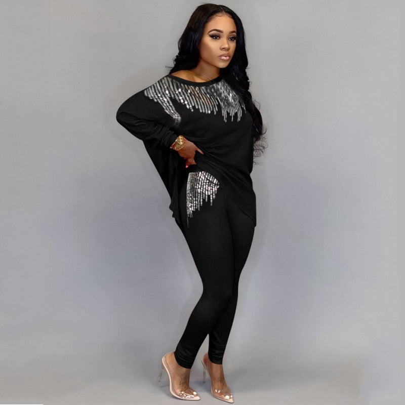 2023 Winter Women Sets Full Sleeve Sequined Top + Pants Suits Two Piece Set Casual Tracksuits Loose Fitness Streetwear Outfits