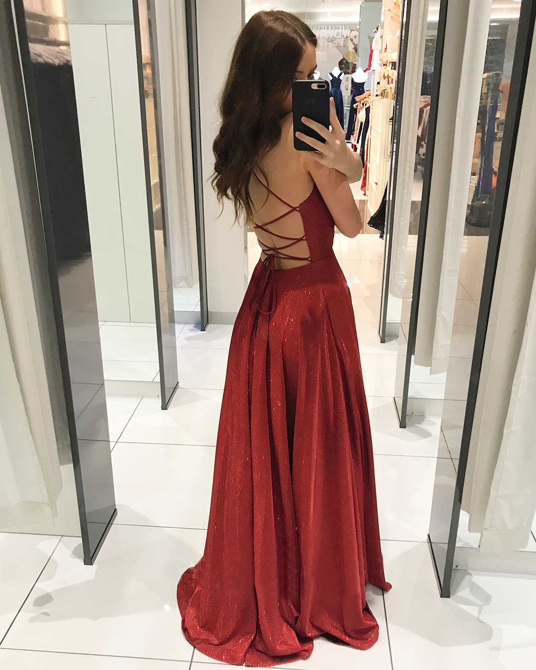 Aovica Slim Prom Spaghetti Straps Red Satin Prom Homecoming Dresses Robe Sparkly Floor Length Backless  Night Evening