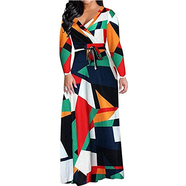 Aovica Plus Size Black Bohemian Long Dress  Women Autumn Winter Tunic Maxi Beach Dress Female Floor-Length Oversize Cross V-neck