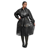 Aovica PU Leather Mesh Splicing Trench Coat for Women Long Sleeve Outwear Elegant Oversized Loose Coats and Jackets