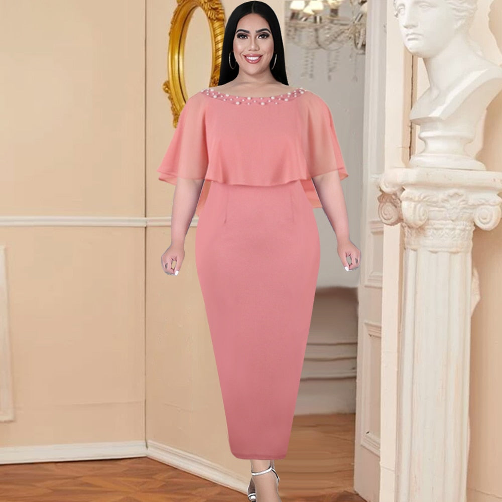 Aovica Pink Dresses for Women Elegant Cape Sleeve High Waist Beads Long Dress Classy Birthday Evening Cocktail Party Plus Size 4XL 5XL