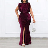 Aovica 2023 Summer Plus Size Women Dress Elegant Glitter Shiny African Ladies Curve Clothing L-3XL  Split Bodycon Maxi Dress Party