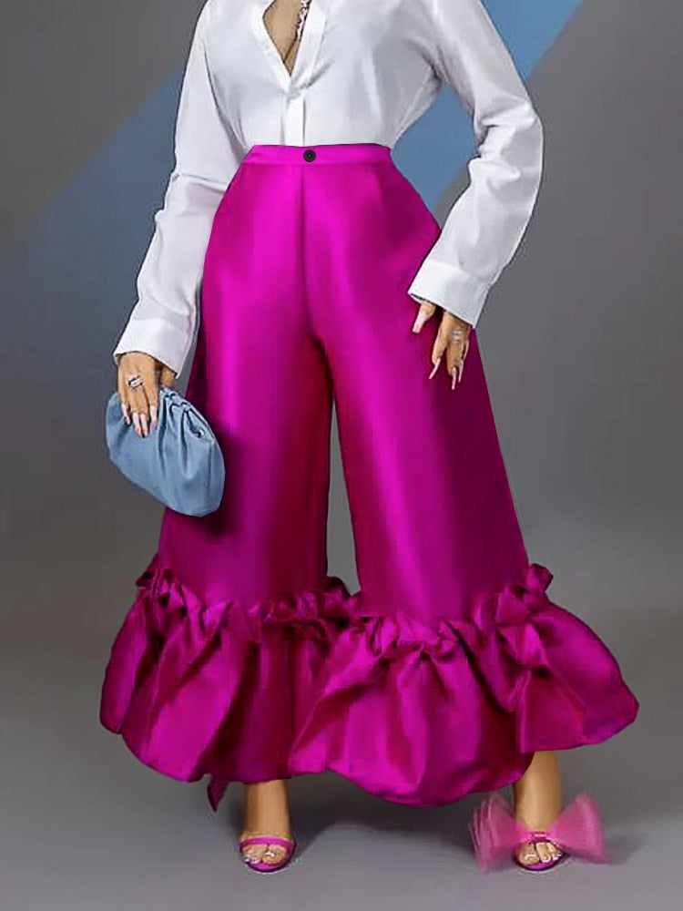 Aovica Women High Waist Flare Pants Wide Leg Big Size Shiny Fuchsia Bell Bottoms Trousers Dressy Femme Trendy Party Club Outfits 4XL