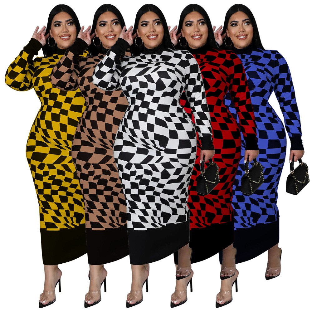 Aovica Plus Size Plaid Print Skinny Autumn Dress For Women O Neck Long Sleeve Bodycon Ankle Length Vestidos Streetwear Casual Gown