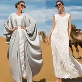 Luxury Dubai Muslim Women Abayas Suits 2 Pieces Cardigan+Dress Rhinestone Party Holiday Gown Islamic Ramadan Arab Turkey Caftan