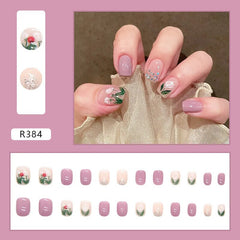 Aovica- 24pcs/box Press On False Nails Cute Nail Short Square Purple Flower Art Wearable Fake Nails With Wearing Tools As Gift