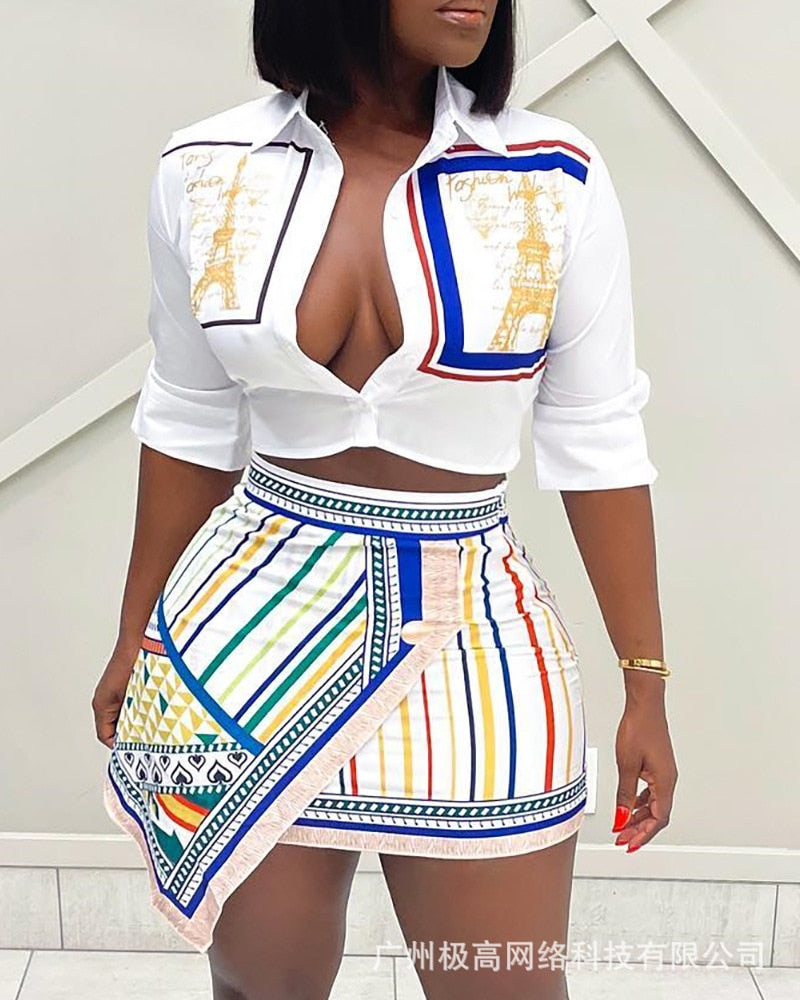 Aovica Women Buttoned Half Sleeve Shirt & Striped Asymmetrical 2pcs Clothes Suit Graphic Print Mini Skirt Set  Fashion Casual