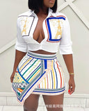 Aovica Women Buttoned Half Sleeve Shirt & Striped Asymmetrical 2pcs Clothes Suit Graphic Print Mini Skirt Set  Fashion Casual