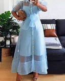 Aovica Elegant Robes Women Summer Pleated Puff Sleeve Loose Dresses  Casual Lapel Collar Button Up Baggy Vestido Oversize Sundress