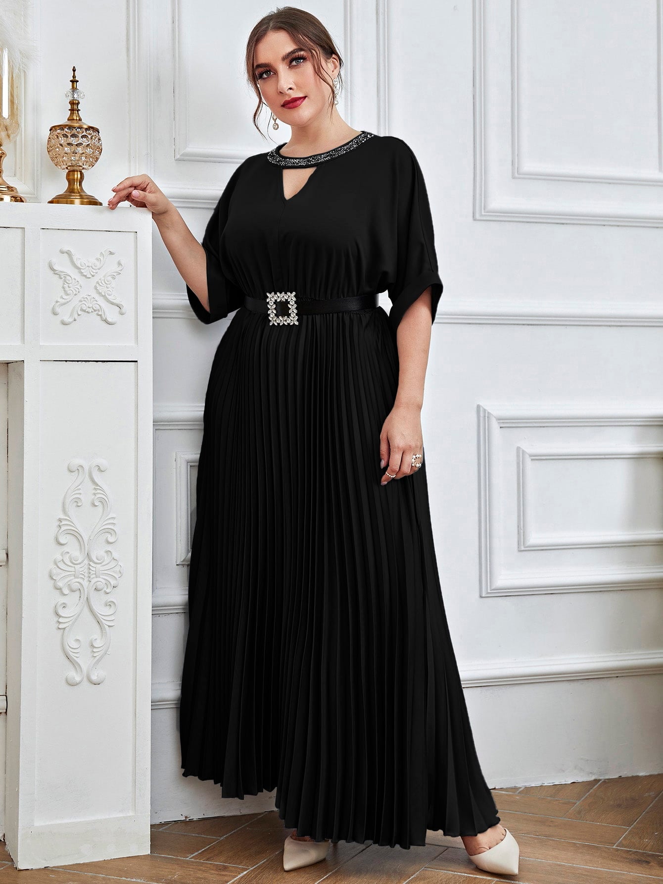 Chic And Elegant Women Plus Size Dress Haft Long Sleeves With Belt Maxi Draped Noble Clothing For Evening Party Festival