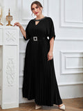 Chic And Elegant Women Plus Size Dress Haft Long Sleeves With Belt Maxi Draped Noble Clothing For Evening Party Festival