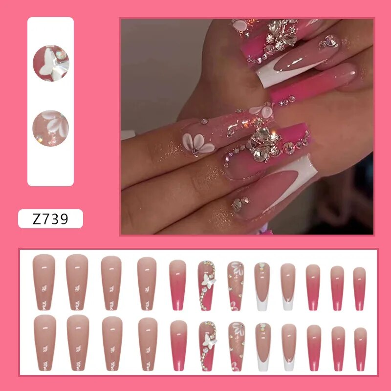 Aovica- 24pcs/Box Gradient Nail Art Patches False Nails Short Square Nail Blue Starry Glitter Teardrop Diamond Fake Nail Tips