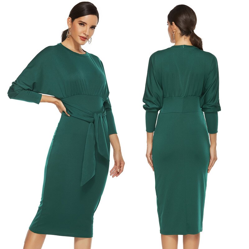 Aovica Early Autumn New Knitted Long-sleeved Hip-wrapped  Maxi Dresses for Women  Round Neck Autumn and Winter Solid Color Bandage Waist Dress