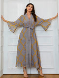 Aovica Women Maxi Dress Ethnic Style Elegant Luxury Lady Draped Outfits 2023 Spring Long Sleeves Clothes With Tie Belt Blue Robe