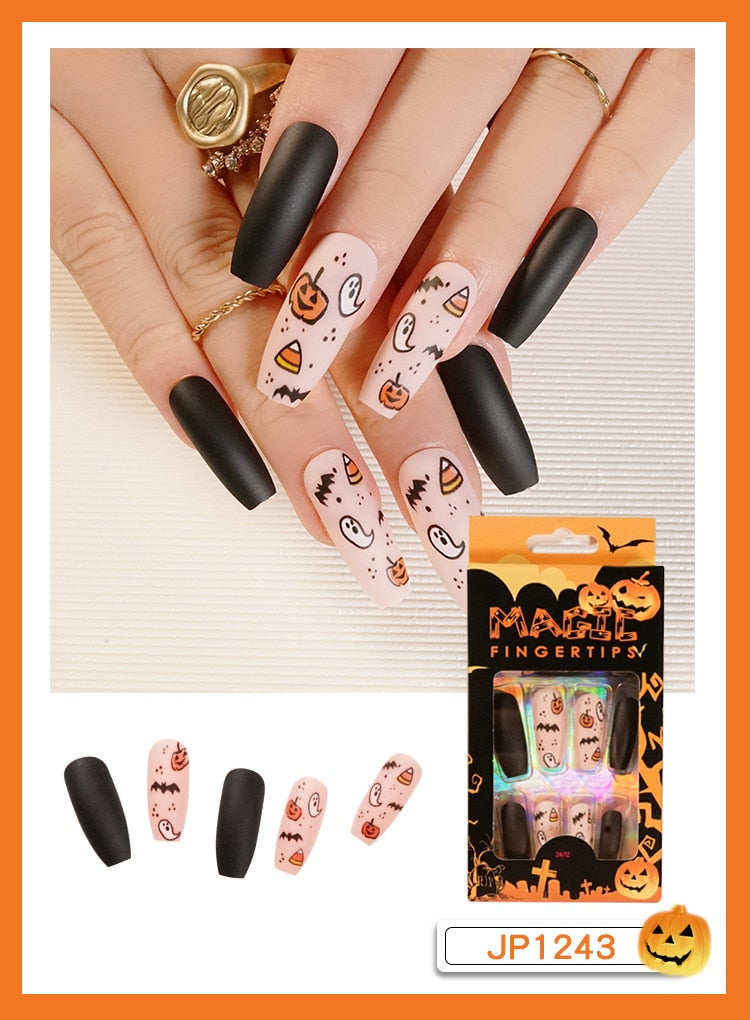 Christmas Aovica False Nails Press On Set Almond Black Ghost Design Long Fake Nail Pumpkin Pressure Decorated Adhesive Nail Tips 24Pcs