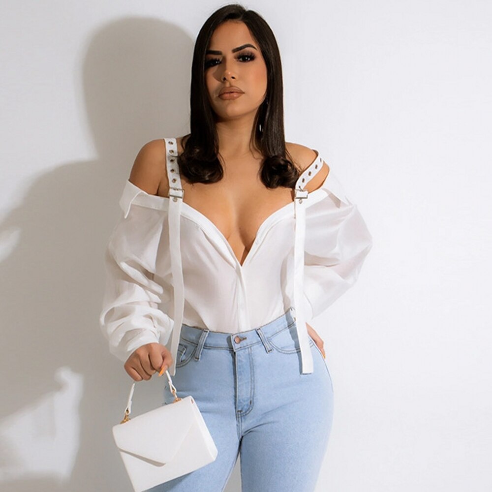 Aovica 2023 Women Blouses Solid  Shirt Straps V Neck Long Sleeves Single-breasted Fashion Lady Club Streetwear Shirts Tops