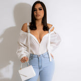 Aovica 2023 Women Blouses Solid  Shirt Straps V Neck Long Sleeves Single-breasted Fashion Lady Club Streetwear Shirts Tops