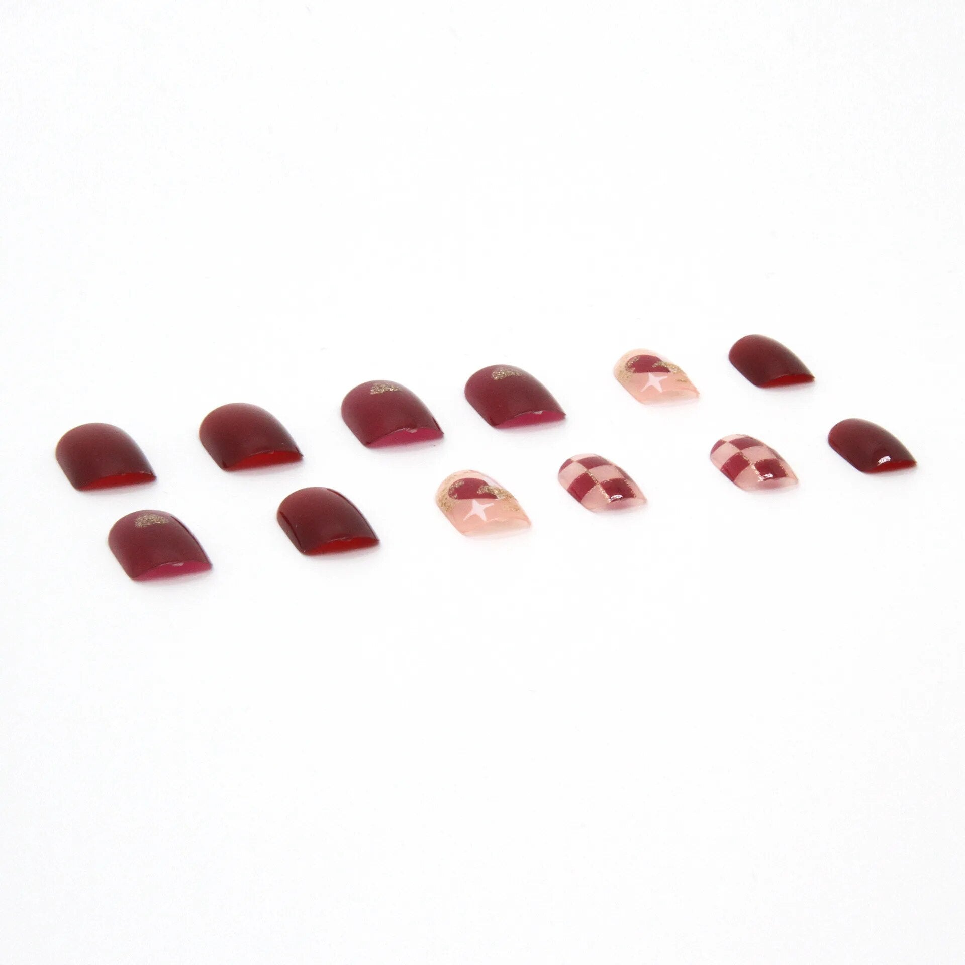 Aovica- Wine Red Checkerboard Fake Nails Art Nail Tips Press on False Nail Set Full Cover Artificial Short Head 24pcs/pack