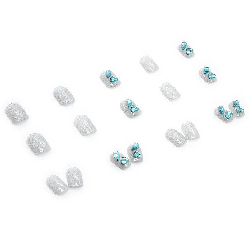 Aovica- 24pcs/Box Gradient Nail Art Patches False Nails Short Square Nail Blue Starry Glitter Teardrop Diamond Fake Nail Tips