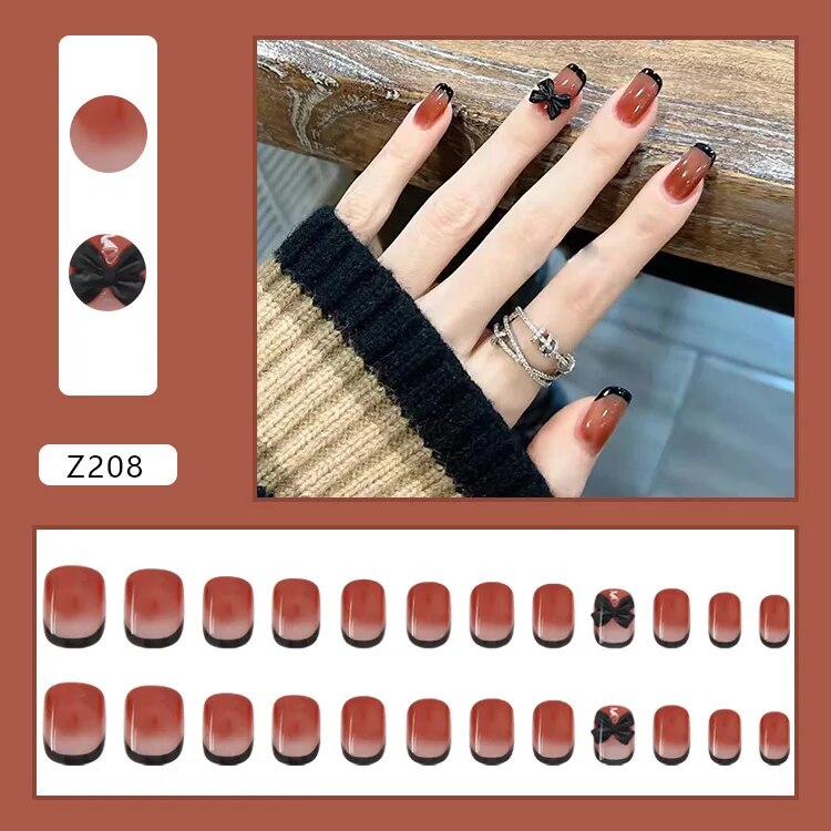 Aovica- 24pcs/box Detachable Fake Nails Set French Butterfly Full Nail Art Tips Short Square Nail Artificial False Nails Tips