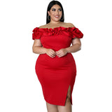 Aovica Plus Size  Ruffles Slash Neck Mini Dress For Women Night Party Club Gowns Short Sleeve Bodycon Fashion Vestidos Streetwear