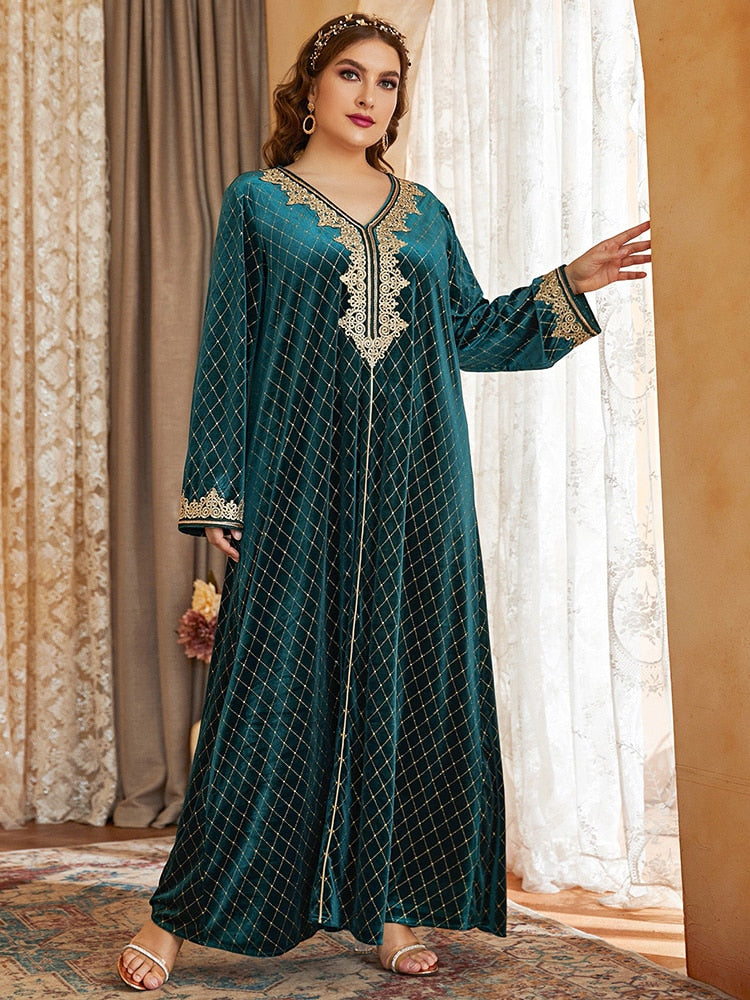 Aovica Luxury Robe Plus Size Women Dress Muslim Green Clothing Autumn Maxi Dresses Plaid Printing Loose Embroidery Outfits