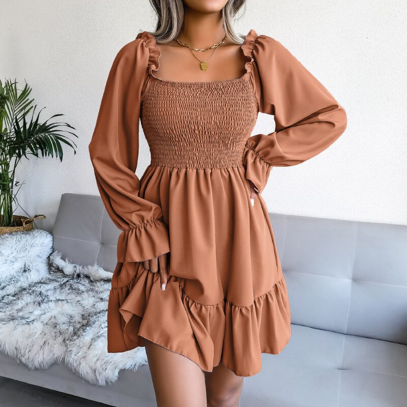 Graduation dress Woman Ruffles Party Dress Long Sleeve French Mini Dress Femme Solid Color Ladies Spring Clothing Square Collar Vestidos De Mujer