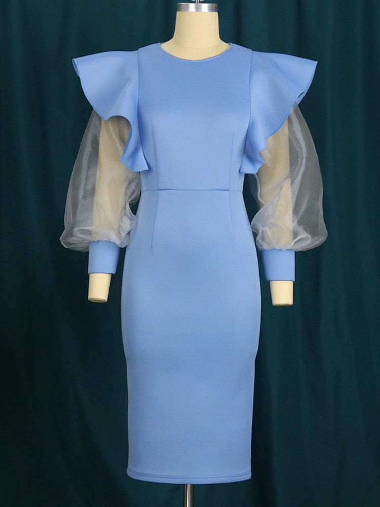 Aovica Blue Evening Party Dresses Plus Size 4XL O Neck Women  Bodycon Long Tulle Sleeve Ruffles Sheath Curvy Dress Drop Shipping