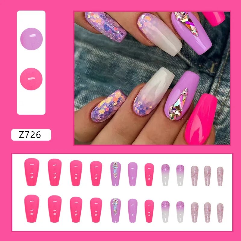 Aovica- 24pcs/Box Gradient Nail Art Patches False Nails Short Square Nail Blue Starry Glitter Teardrop Diamond Fake Nail Tips