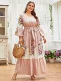 Plus Size Women Clothing Chic And Elegant Woman Dress 2023 Spring Lady Outfit Floral Rose Printing Pink Dresses With Belt