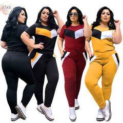 Aovica Plus Size 2 Piece Set Women Tracksuits Patchwork Crop Top Short Sleeve Leggings Jogger Sport Suit Stretch Wholesale Dropshipping