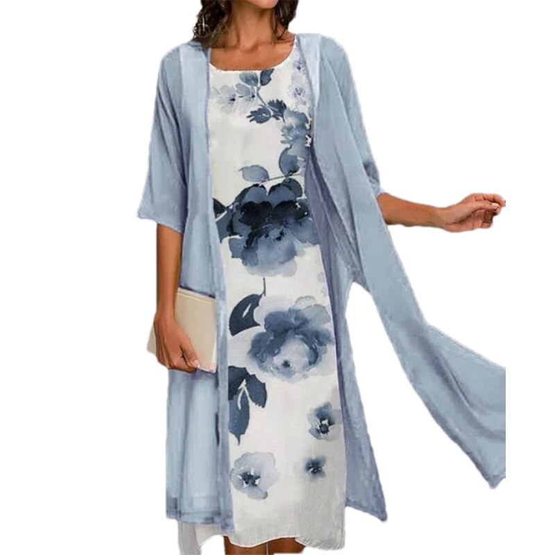 Women Dress Sets Vestidos Mujer Floral Chiffon Sleeveless Maxi Dress and Long Cardigan Two Piece Set Robe Outfits Spring Summer