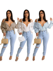 Aovica 2023 Women Blouses Solid  Shirt Straps V Neck Long Sleeves Single-breasted Fashion Lady Club Streetwear Shirts Tops