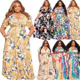 Aovica Women Plus Size Print Short Sleeve V-neck Stretchy Loose Long Maxi Dresses Fashion Vestidos Casual Outfits Summer 2 Piece