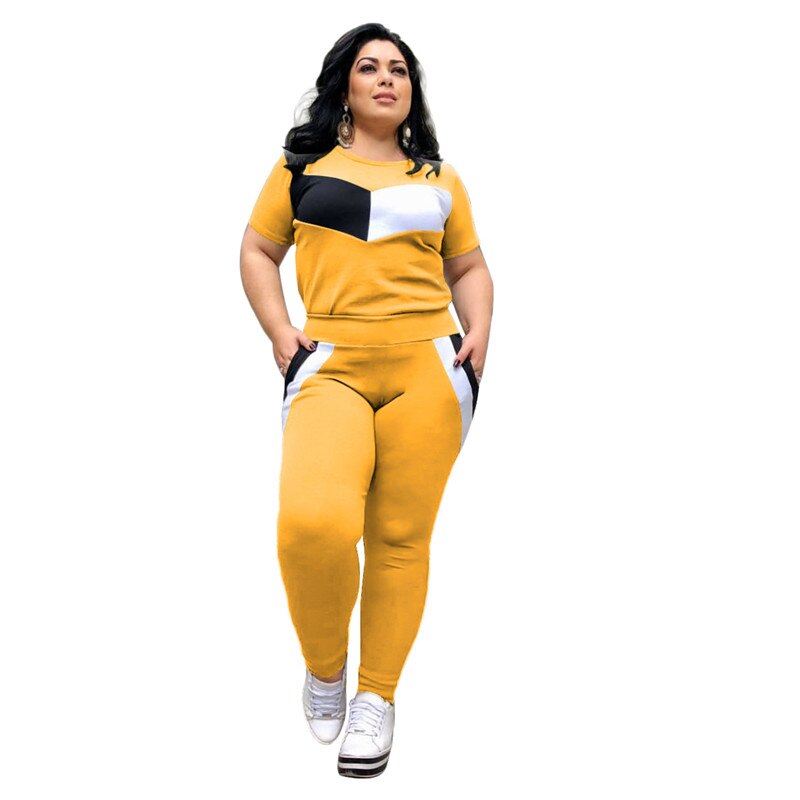 Aovica Plus Size 2 Piece Set Women Tracksuits Patchwork Crop Top Short Sleeve Leggings Jogger Sport Suit Stretch Wholesale Dropshipping
