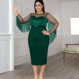 Aovica Black Dresses Plus Size 4XL Long See Through Sleeve Mesh Tassel Patchwork Cocktail Evening Party Gowns Outfits Fringe Dress 2023