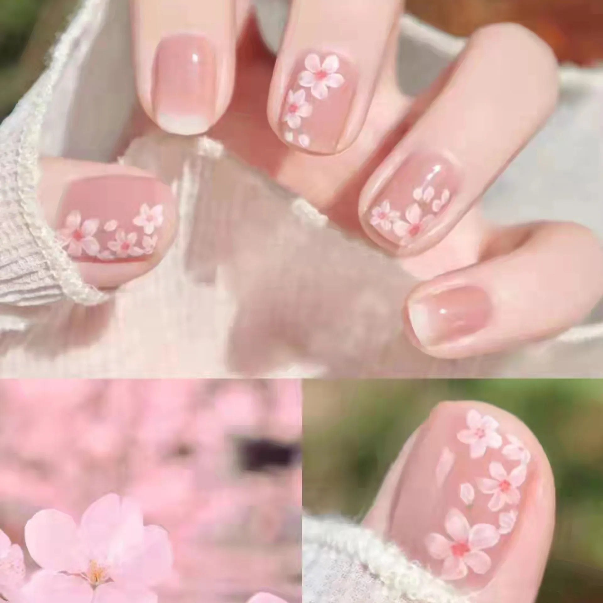 Aovica- Spring Sakura Lovely Girl Nail Art Wearable False Nails Press On Fake Nails Tips 24pcs/box With Wearing Tools As Gift