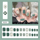 Aovica- Press On Nails Green Grid Nail Patch Retro Blue Brown Short Nail Tips French Style Removable 24pcs False Nail With Wearing Tools