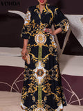 Aovica  2023 Summer Women Long Dress  3/4 Sleeve Vintage Print Pleated Maxi Sundress Bohemian Vestido Casual V Neck Party Robe