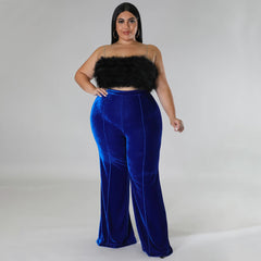 Aovica Plus Size Velvet High Waist Full Length Flare Pants Fashion Elegant Christmas Women Bottoms Autumn Winter Streetwear Casual Wear