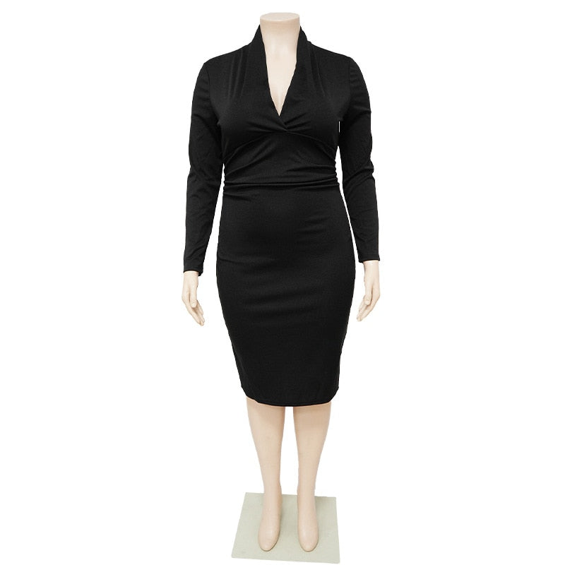 Aovica Plus Size Elegant Bodycon  Dress For Women V Neck Long Sleeve Skinny Knee Length Vestidos Office Lady Night Party Banquet