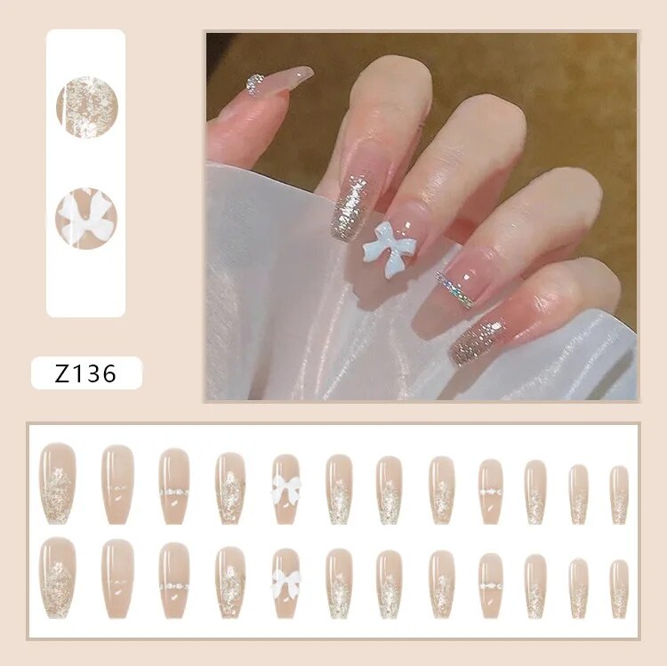 Aovica- 24pcs Shiny Butterfly Long Coffin False Nails Detachable Wearable Gold Foil Ballerina Fake Nails Full Cover Nail Tips Press Glue