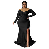 Plus Size Women's  V-Neck Maxi Dresses Elegant Party Nightclub Mermaid Dress Lady Solid Split Floor Long Evening Dress